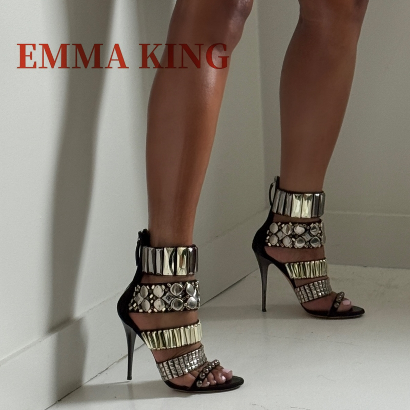 Summer Closet - Preto embelezado tornozelo cinta sandálias verão