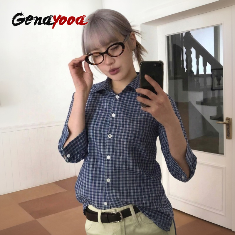 Summer Grunge Clothing - Genayooa y2k camisa xadrez feminina três
